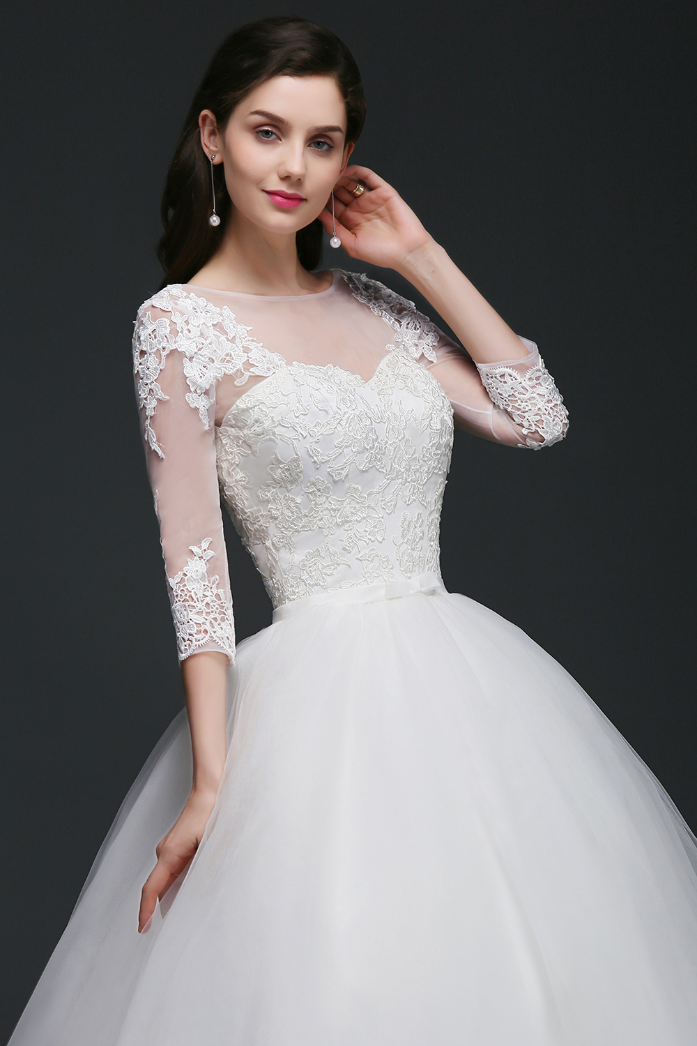 Ball Gown Scoop Neck 3/4-Length Sleeves Sweep / Brush Train Tulle Wedding Gown With Lace 6