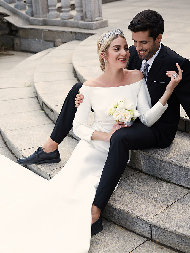 A-line Bateau Neck Floor-length Tulle Bridal Gown With Chapel Train 14