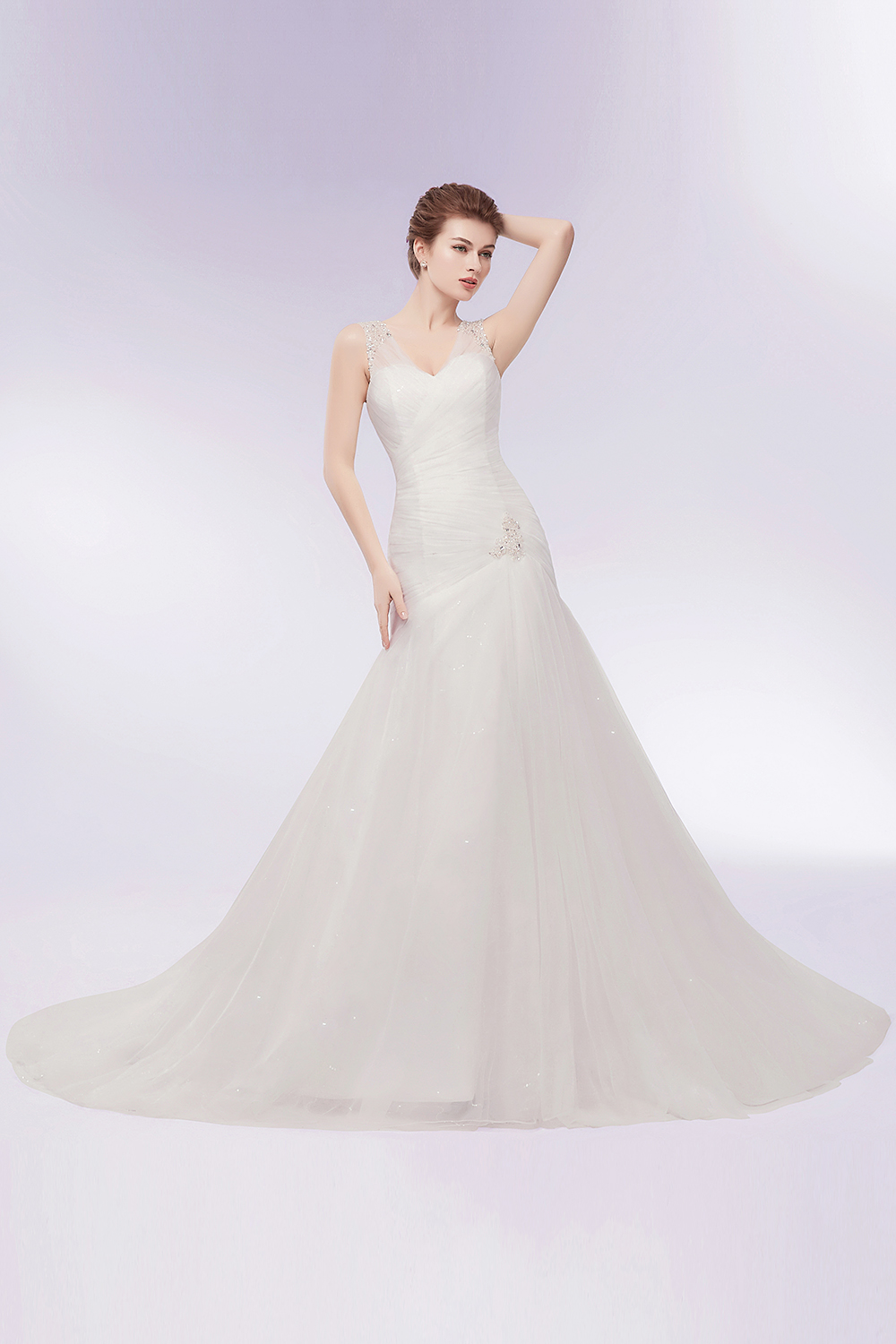 Mermaid V-neck Sleeveless Court Train Tulle Bridal Gown With Crystal 9