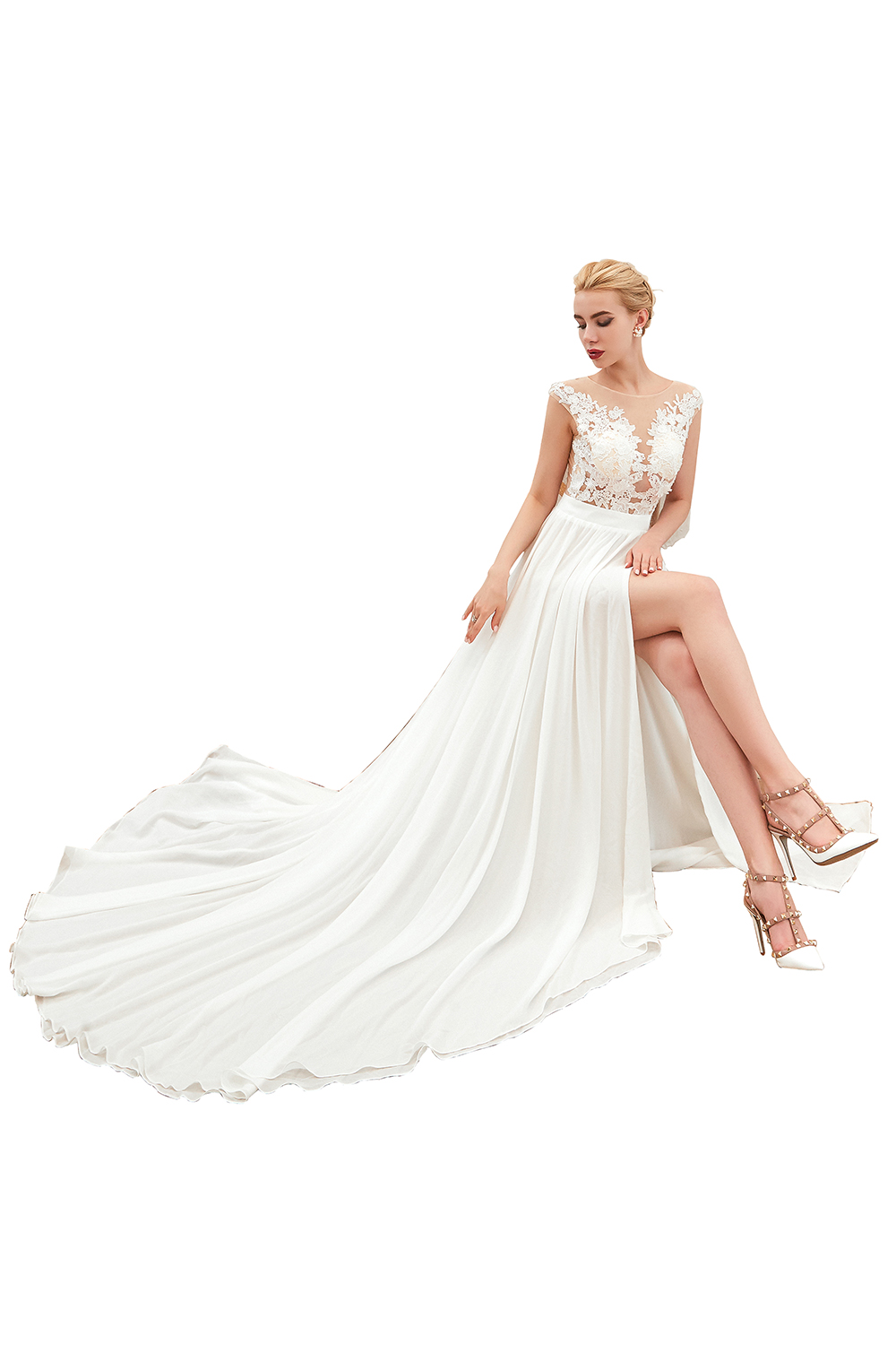 A-line Jewel Neck Half-Sleeves Chapel Train Tulle Bridal Gown With Lace 3