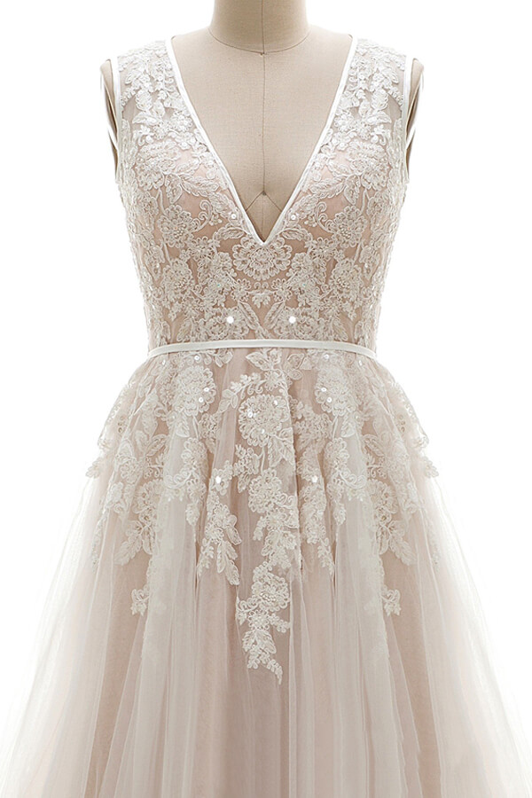 A-line V-neck Sleeveless Chapel Train Lace Wedding Gown With Appliques 3