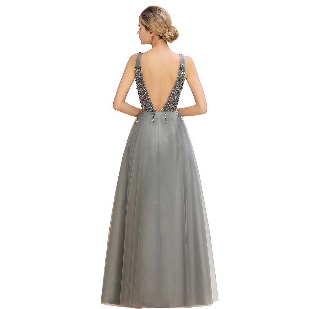 A-line V-neck Sleeveless Floor-length Tulle Evening Gown With Beading 6