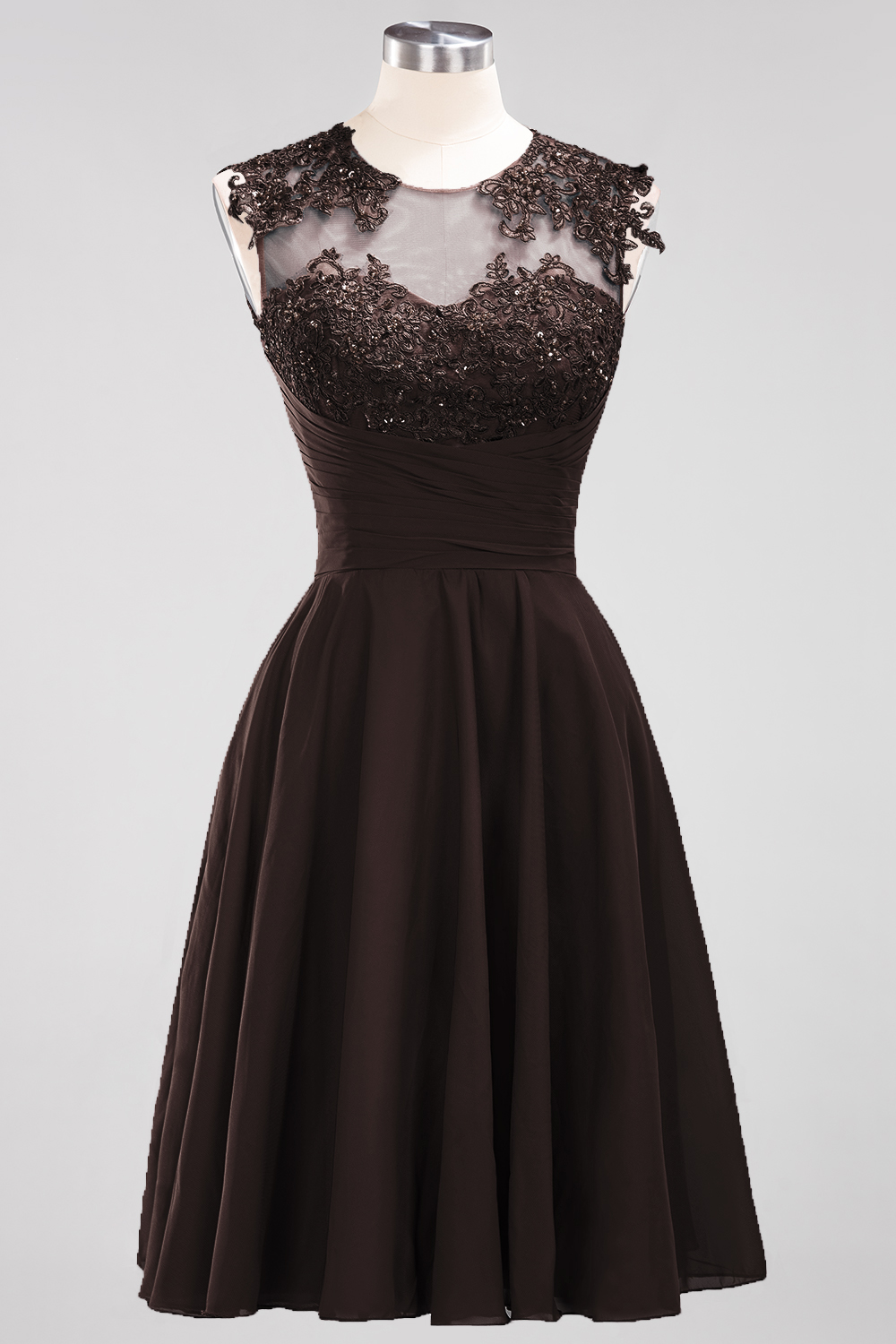 A-line Jewel Neck Sleeveless Knee-length 100D Chiffon Bridesmaid Dress With Appliques 13