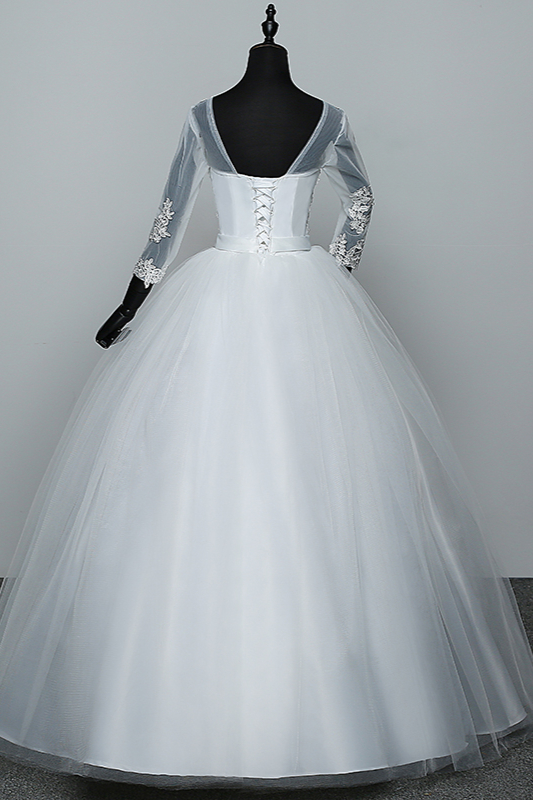 Jewel Neck 3/4-Length Sleeves Floor-length Tulle Bridal Gown With Appliques 2