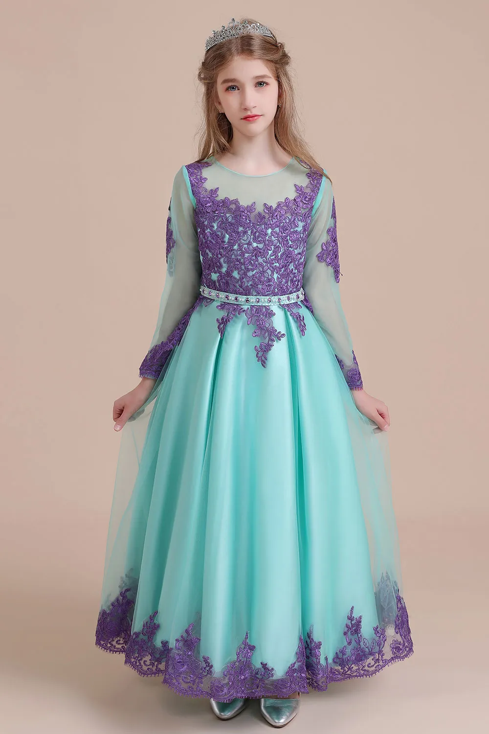A-line Jewel Neck Long Sleeves Ankle-length Tulle Flower Girl Dress With Rhinestone 1