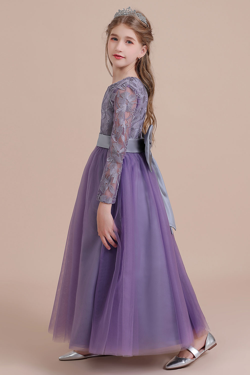 A-line Jewel Neck Long Sleeves Ankle-length Tulle Flower Girl Dress With Bow 5