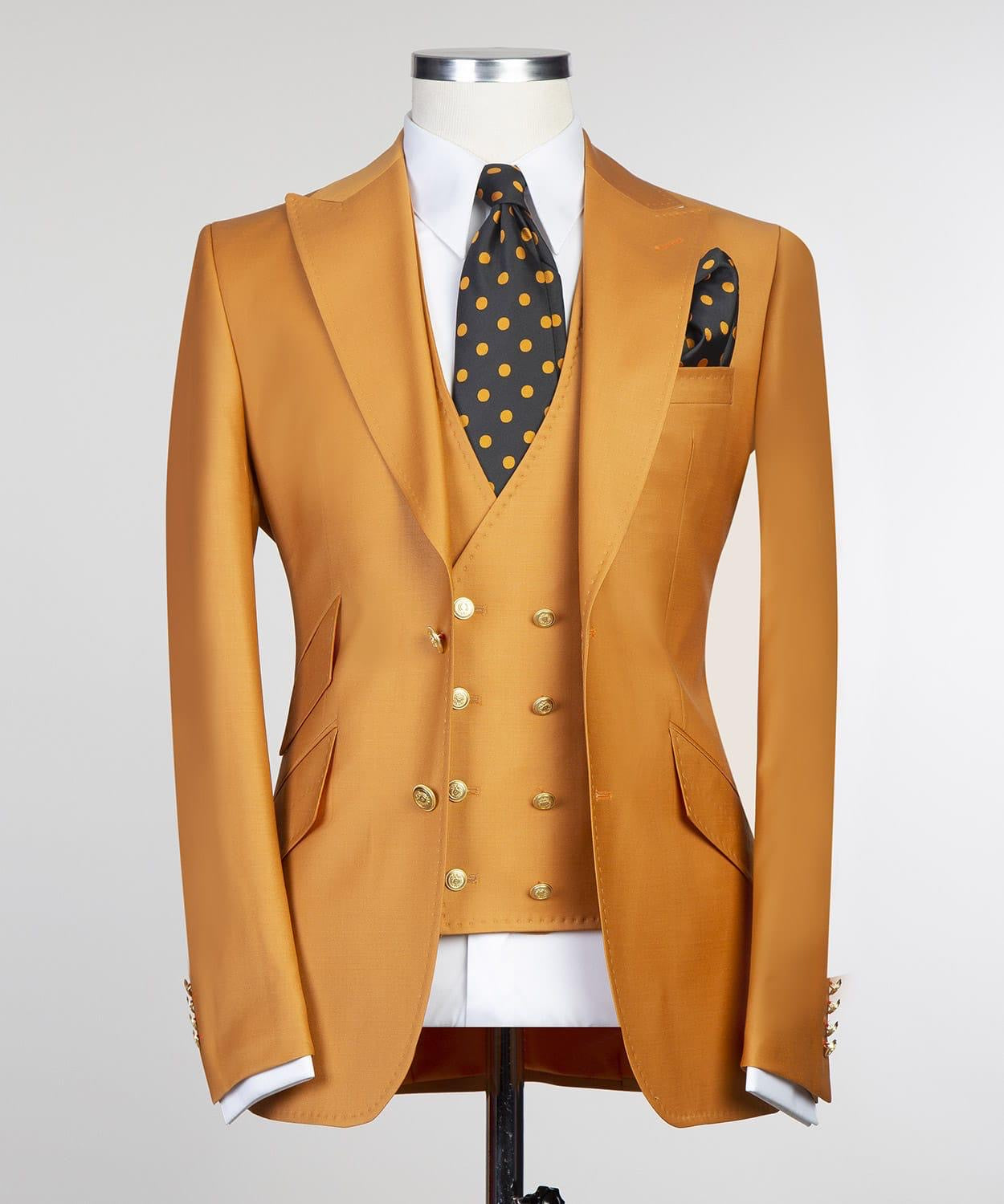 Dark Yellow Three Pieces  Men Suit with Peaked Lapel 5