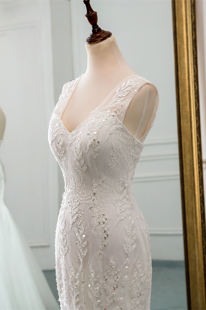 Mermaid V-neck Sleeveless Floor-length Tulle Wedding Gown With Beading 5