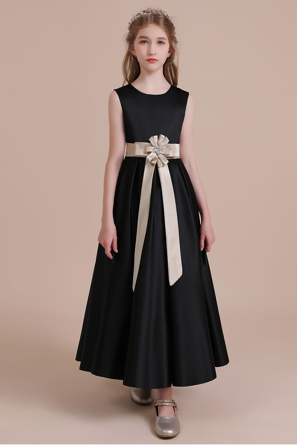 A-line Jewel Neck Sleeveless Ankle-length Satin Flower Girl Dress With Flower(s) 3