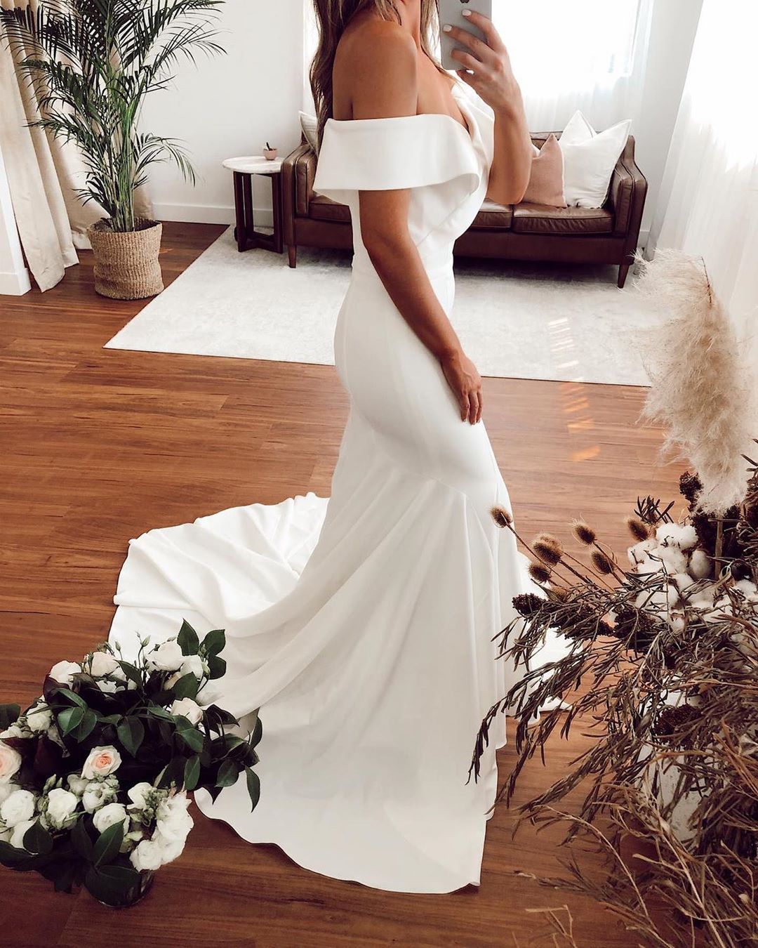 Column Off-the-shoulder Floor-length Satin Wedding Dress 2