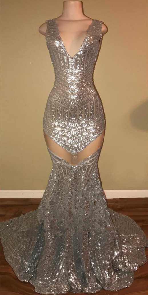 Mermaid V-neck Sleeveless Sweep / Brush Train Evening Gown With Sequins 1