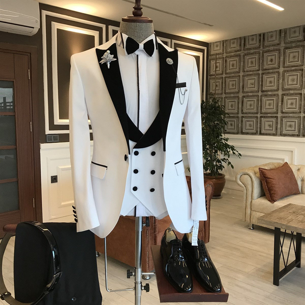 White Mixed Black Prom Suit with Peaked Lapel 2