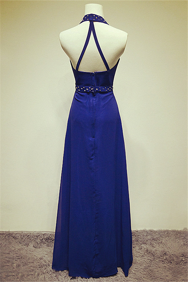 A-line Halter-neck Sleeveless Floor-length 100D Chiffon Evening Dress With Crystal 2