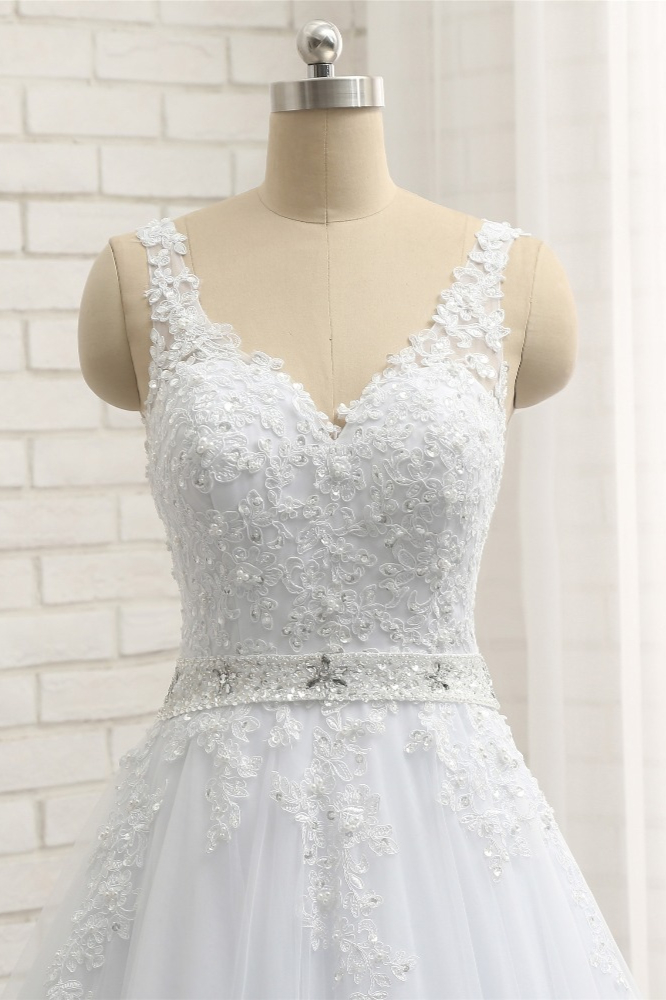 A-line Straps V-neck Sleeveless Court Train Tulle Bridal Attire With Appliques 4