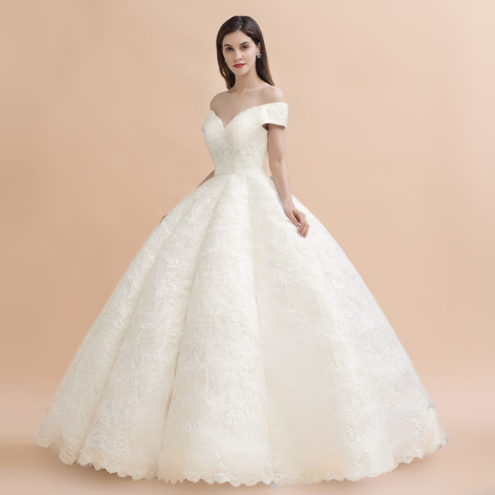 Ball Gown Off-the-shoulder Cap Sleeves Sweep / Brush Train Hard Net Wedding Gown With Appliques 8