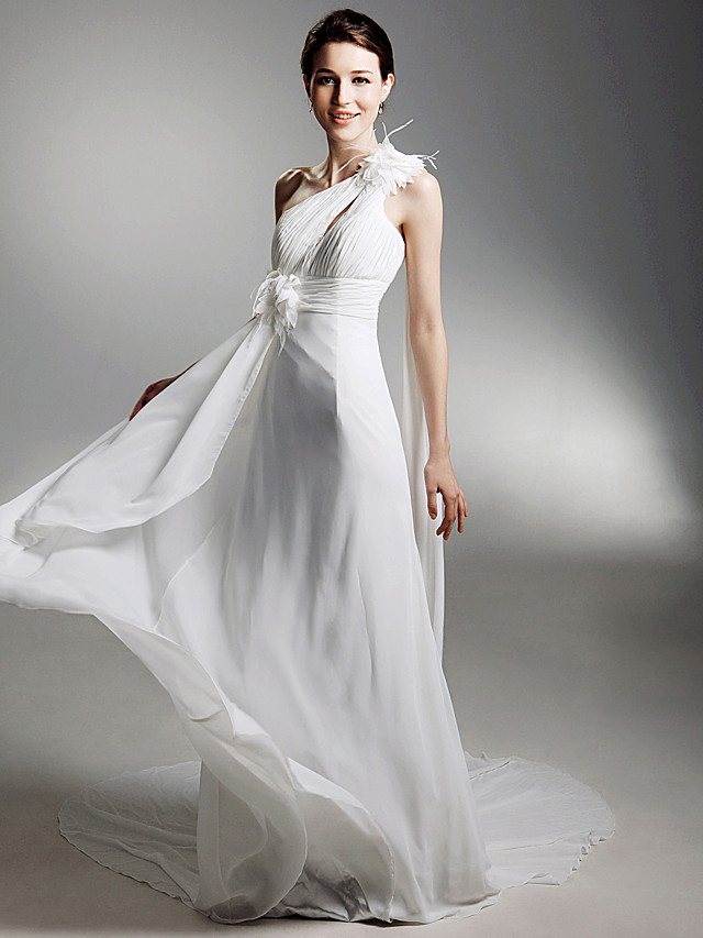 Column One Shoulder Sleeveless Chapel Train Tulle Bridal Gown With Appliques 3