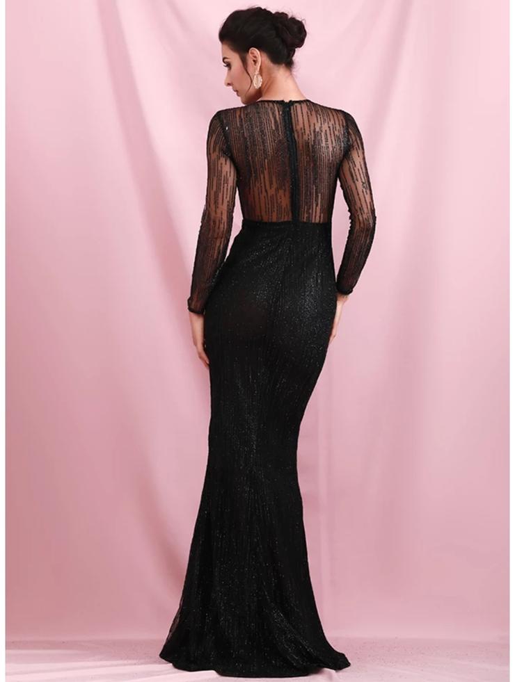 Column Jewel Neck Long Sleeves Floor-length Bright silk Evening Dress With Sequins 3