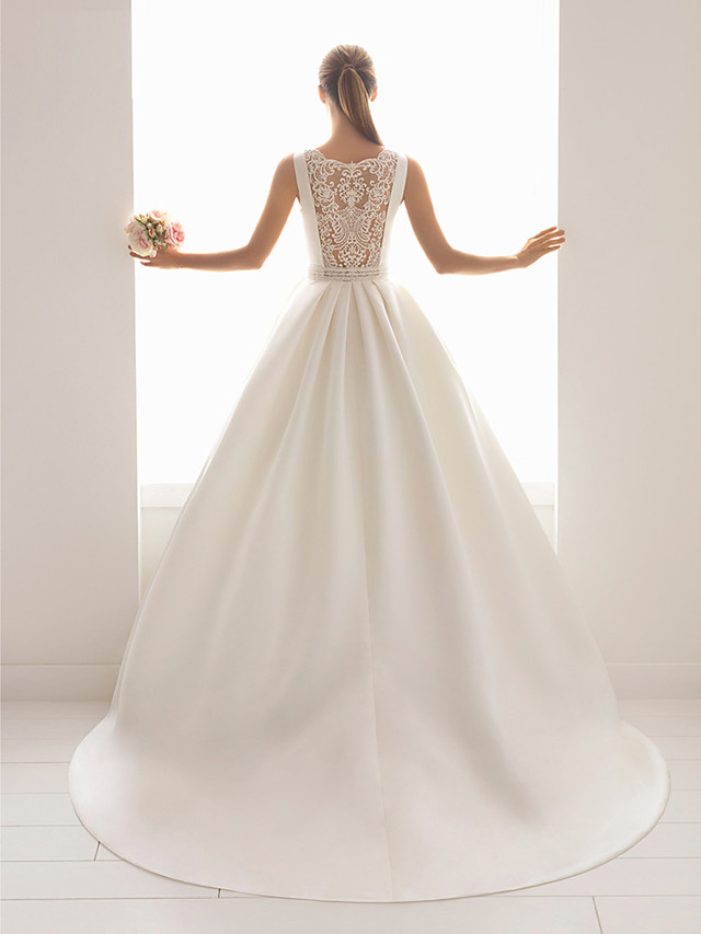 Ball Gown Straps Bateau Neck Sleeveless Court Train Satin Bridal Dress With Lace 3