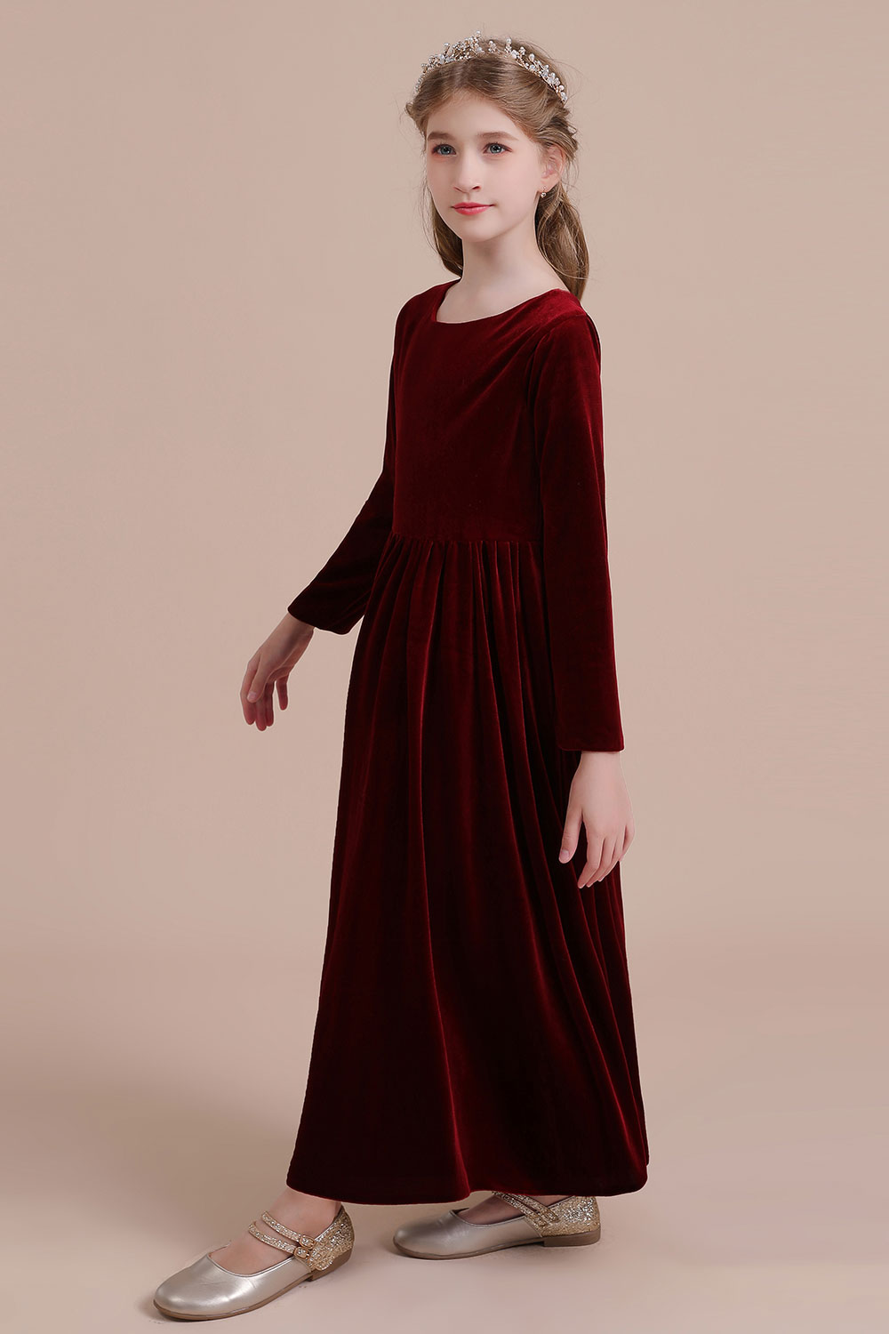 A-line Jewel Neck Long Sleeves Ankle-length Velvet Flower Girl Dress 5