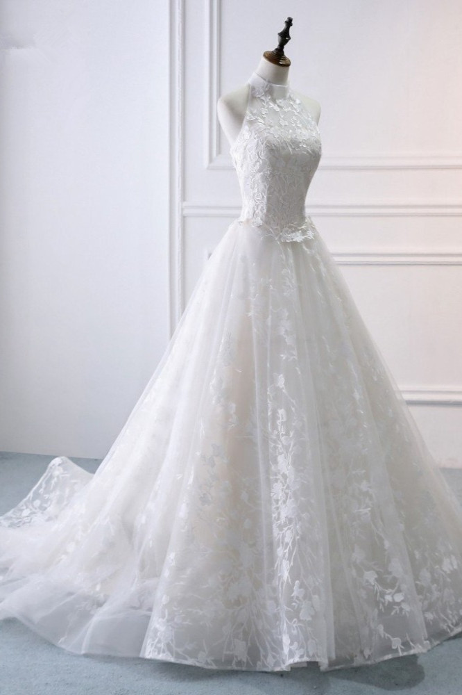A-line Halter-neck Sleeveless Floor-length Tulle Bridal Gown With Appliques 3