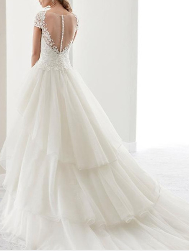 A-line Short Sleeves Sweep / Brush Train Lace Wedding Gown With Ruffles 3