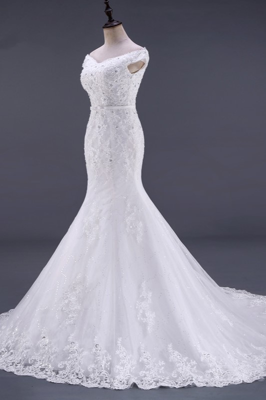 Mermaid Off-the-shoulder Sweetheart Neck Sleeveless Floor-length Tulle Bridal Attire With Lace 4