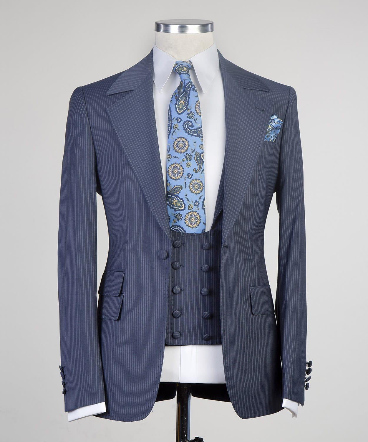 Navy Stripe Three Pieces Men Suit with Notched Lapel 5