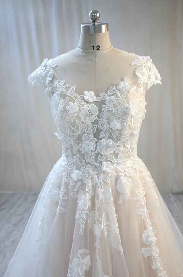 A-line Jewel Neck Sleeveless Sweep / Brush Train Lace Wedding Gown With Lace 3