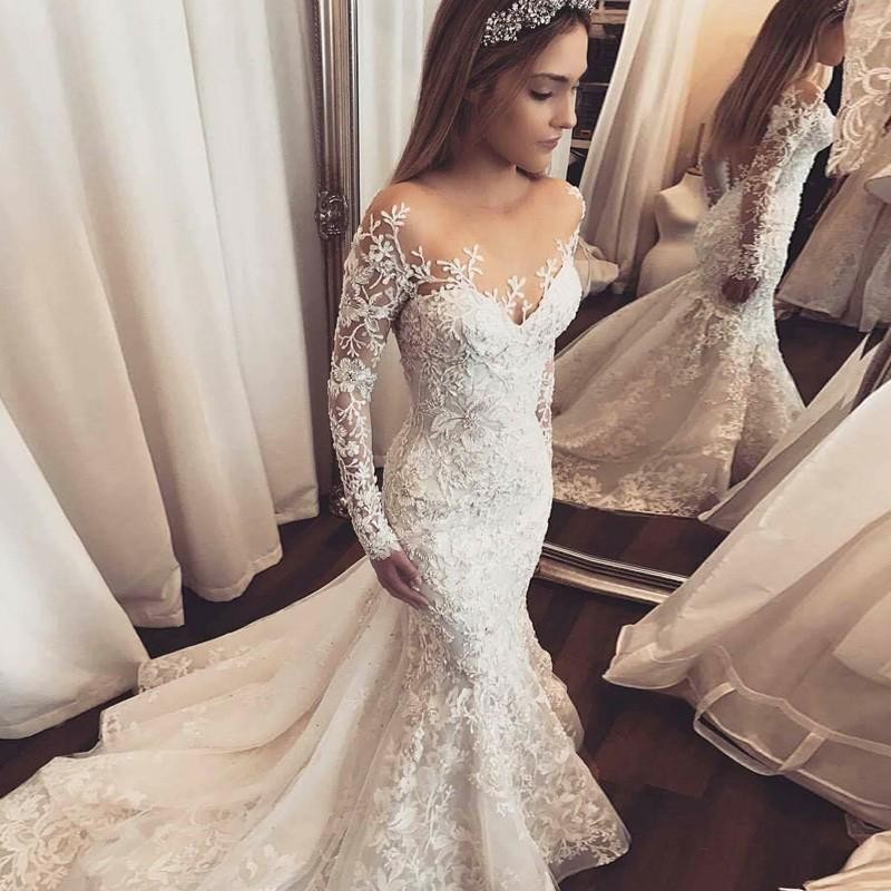 Mermaid Scoop Neck Sweep / Brush Train Bridal Gown With Lace 3