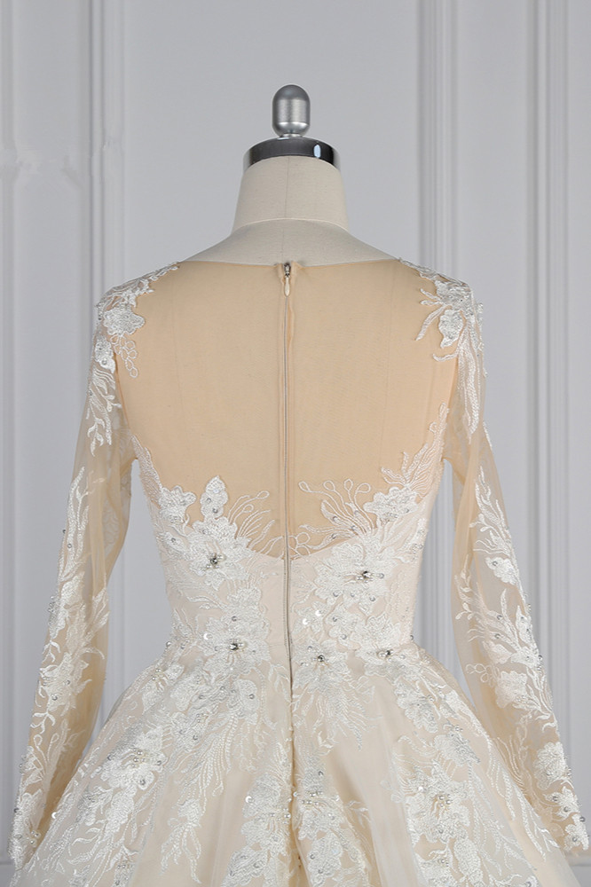 A-line Jewel Neck Long Sleeves Floor-length Tulle Bridal Gown With Beading 6