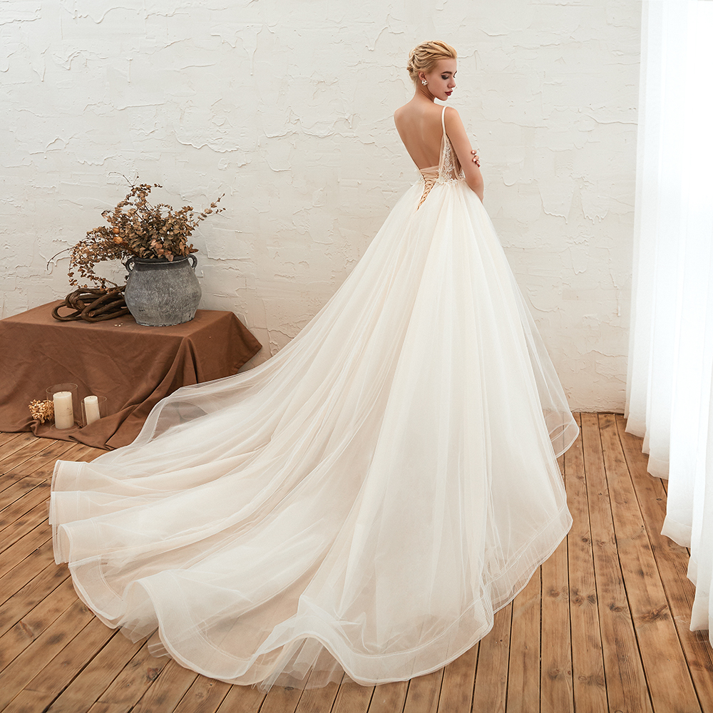 A-line Spaghetti Straps V-neck Sleeveless Cathedral Train Tulle Wedding Dress With Beading 11