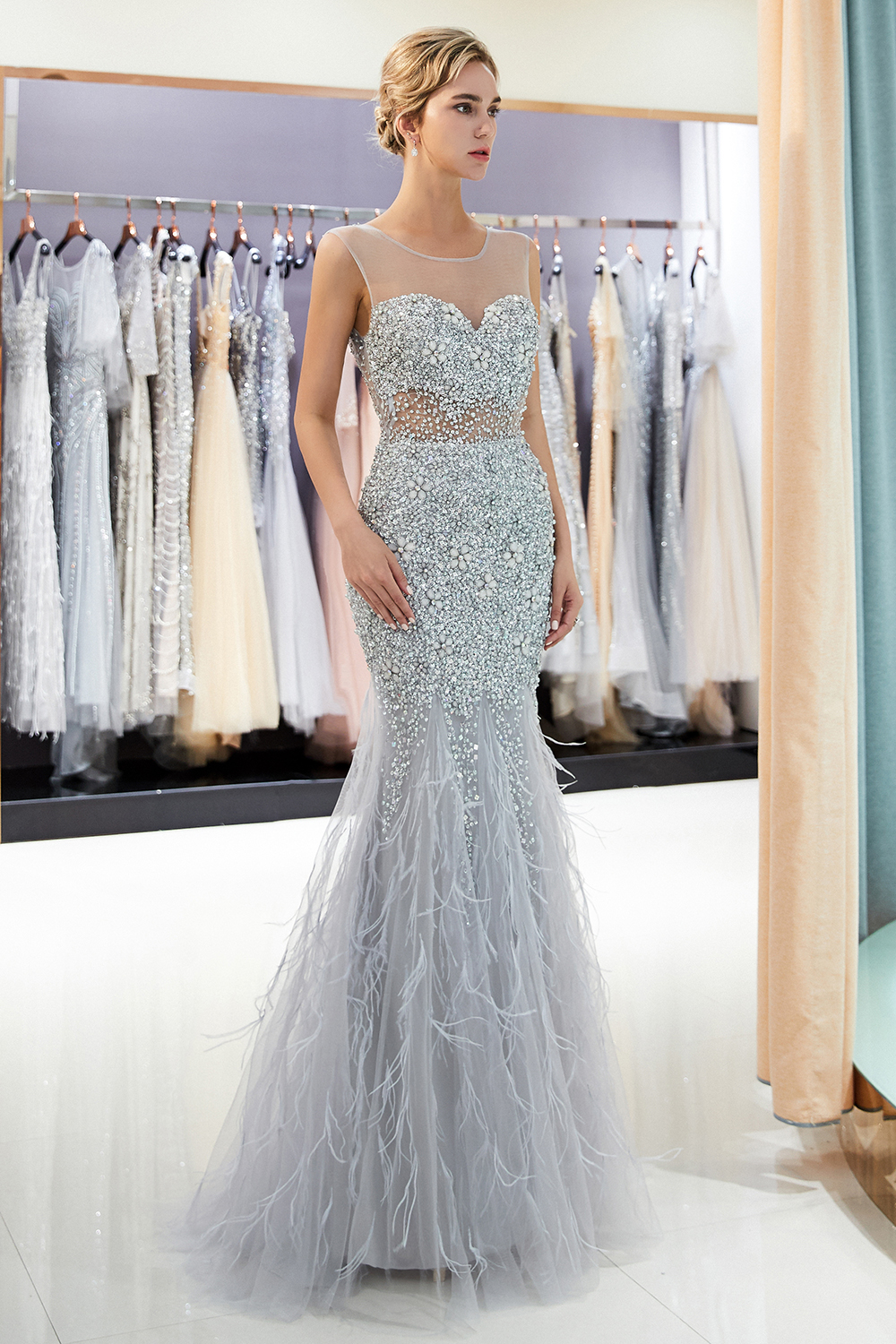 Mermaid Jewel Neck Sleeveless Court Train Tulle Formal Dress With Crystal 5