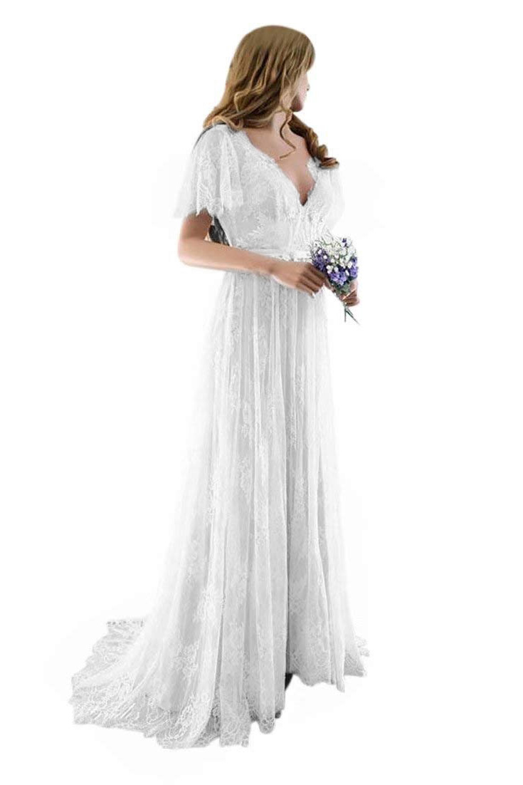 V-neck Cap Sleeves Tulle Wedding Dress With Lace 4