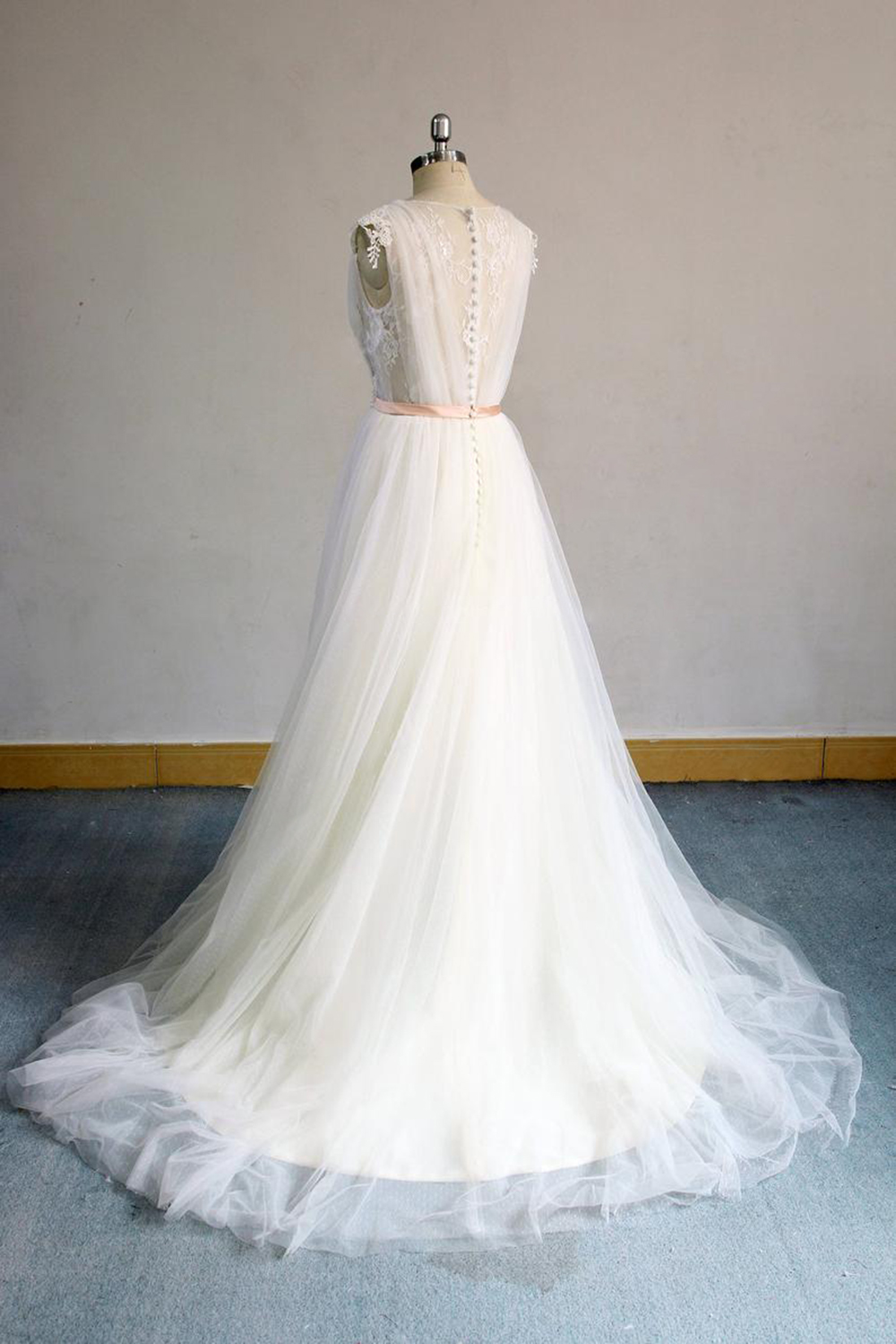 A-line V-neck Sleeveless Floor-length Tulle Bridal Attire With Ribbons 4