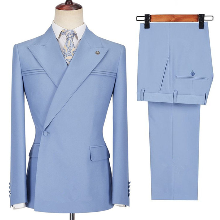 Blue Single Breasted Men's Suit with Peaked Lapel for Prom 3