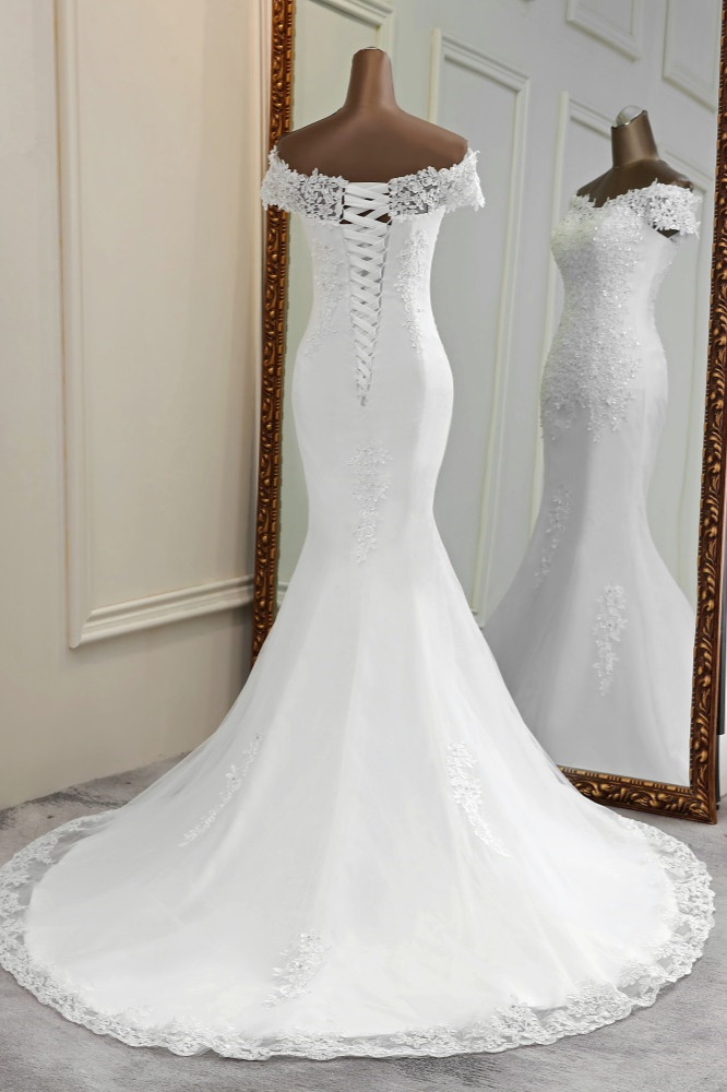 Mermaid Sweetheart Neck Bateau Neck Short Sleeves Floor-length Tulle Wedding Dress With Appliques 2