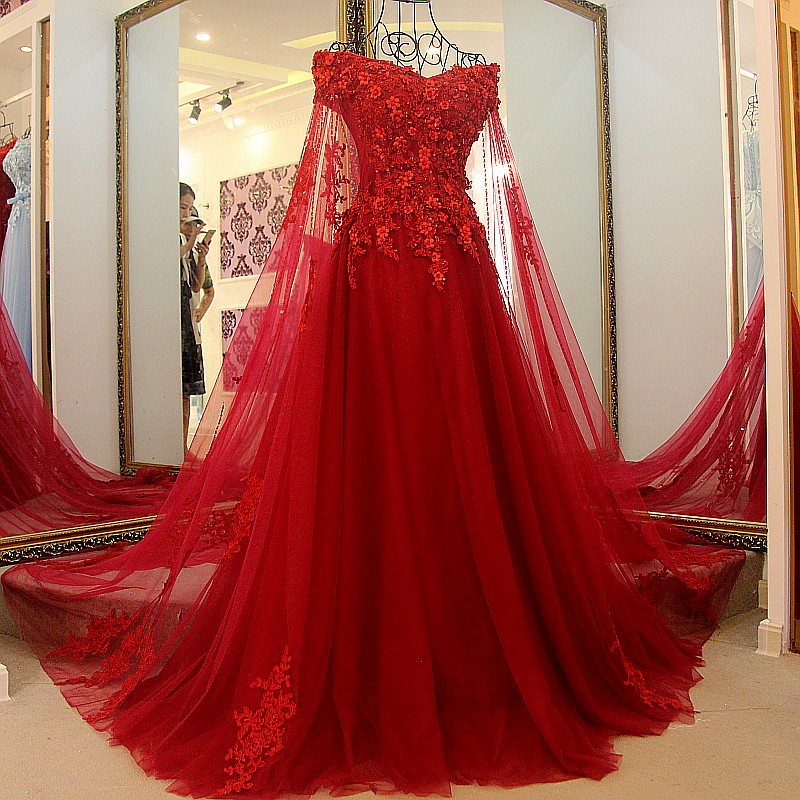 A-line Off-the-shoulder V-neck Sweep / Brush Train Tulle Formal Wear With Appliques 2