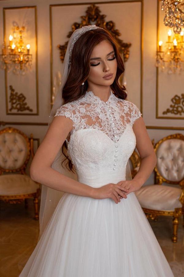 A-line High Neck Long Sleeves Chapel Train Tulle Bridal Gown With Appliques 4