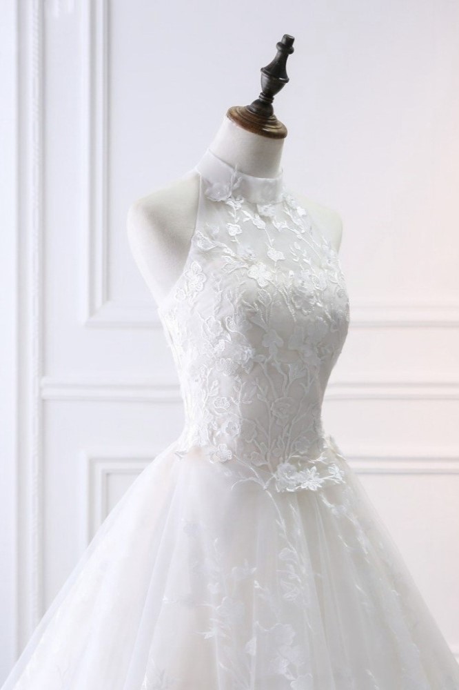 A-line Halter-neck Sleeveless Floor-length Tulle Bridal Gown With Appliques 7