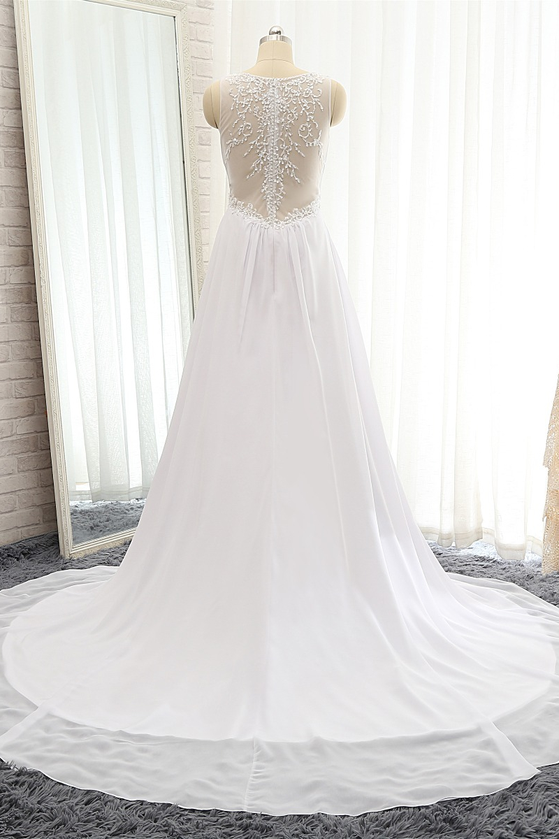 A-line Straps V-neck Sleeveless Floor-length 100D Chiffon Wedding Dress 2