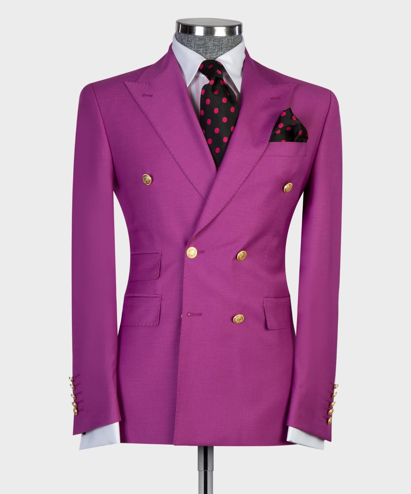Modern Slim Fit Fuchsia Double Breasted Peaked Lapel Suit with Gold Buttons 4