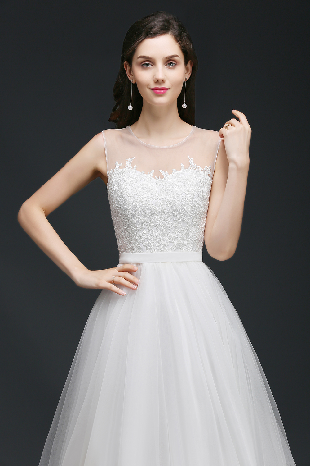 A-line Jewel Neck Sleeveless Court Train Tulle Bridal Gown With Lace 4