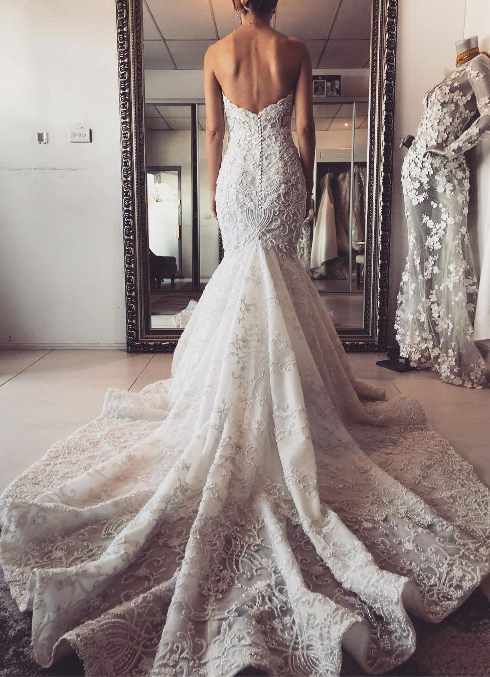Mermaid Sweetheart Neck Sleeveless Sweep / Brush Train Lace Bridal Gown With Lace 5