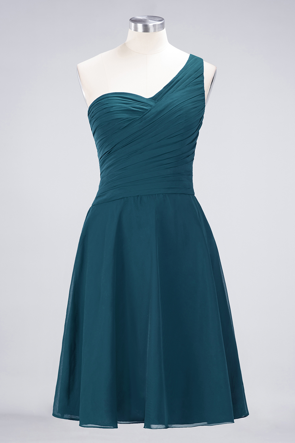 A-line One Shoulder Sweetheart Neck Sleeveless Knee-length 100D Chiffon Bridesmaid Attire With Ruffles 53