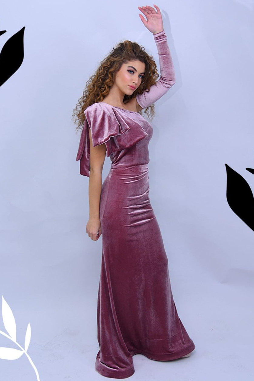 One-shoulder Long Sleeve Aline Prom Dress | velvet Prom Dress 3