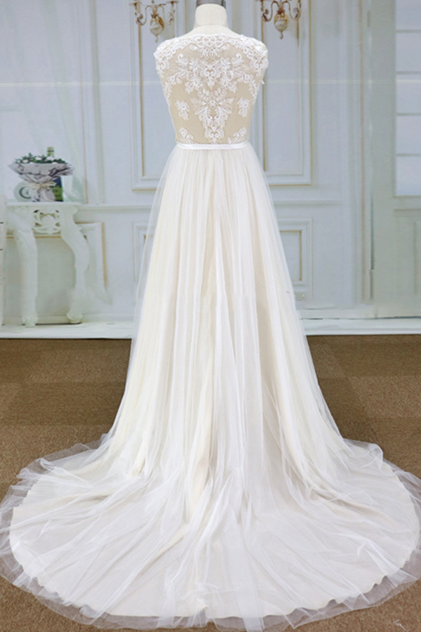 A-line V-neck Sleeveless Chapel Train Lace Bridal Gown With Lace 2