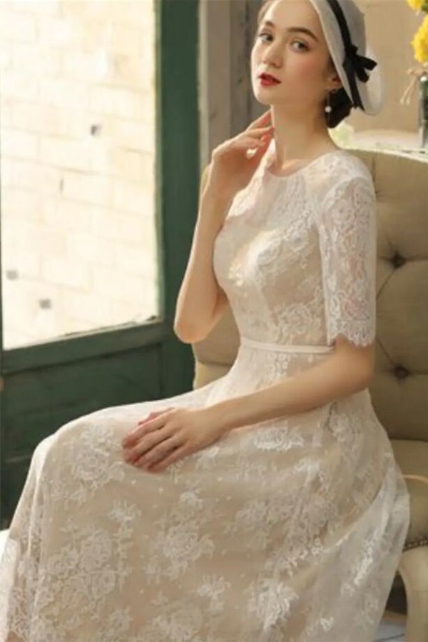 Column Jewel Neck Half-Sleeves Tea-length Lace Bridal Gown With Lace 5