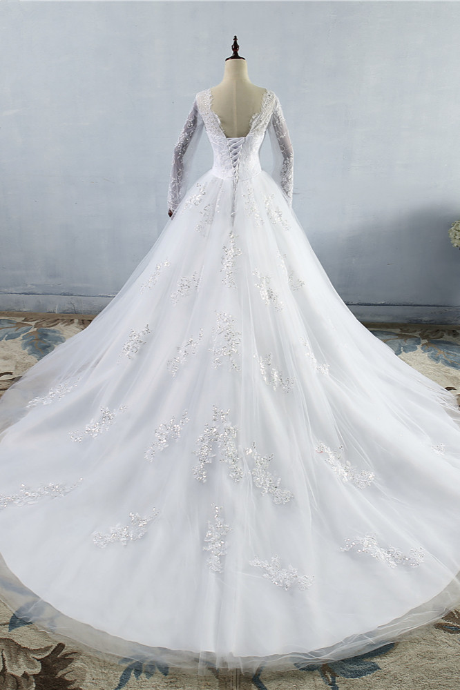 A-line Jewel Neck Long Sleeves Floor-length Tulle Bridal Dress With Appliques 2