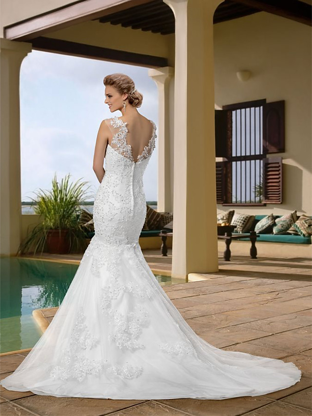 Mermaid Straps Scoop Neck Court Train Lace Wedding Gown With Lace 3