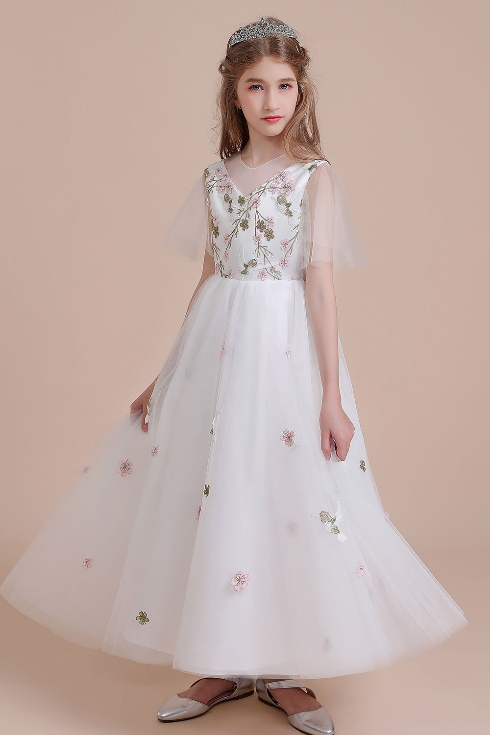 A-line V-neck Jewel Neck Short Sleeves Ankle-length Tulle Flower Girl Dress With Embroidery 5